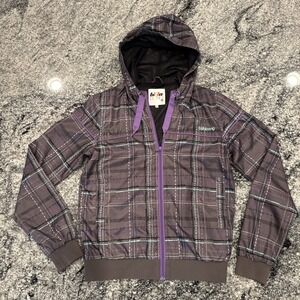 Vintage Billabong Women's Hooded Jacket Sz 2 Plaid Gray Purple Blue Full Zip‎